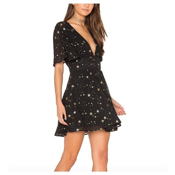 Privacy Please Ford Black Metallic Gold Silver Star Deep V Short Sleeve Dress XS - Picture 1 of 15